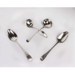 A pair of bright cut Georgian sterling silver soup spoons together with a Georgian silver ladle