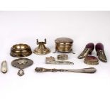 A collection of silver and white metal bijouterie items to include a lidded pot, stamp case,