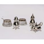 Collection of sterling silver items to include 2 cut glass and silver mounted salts, a pair of