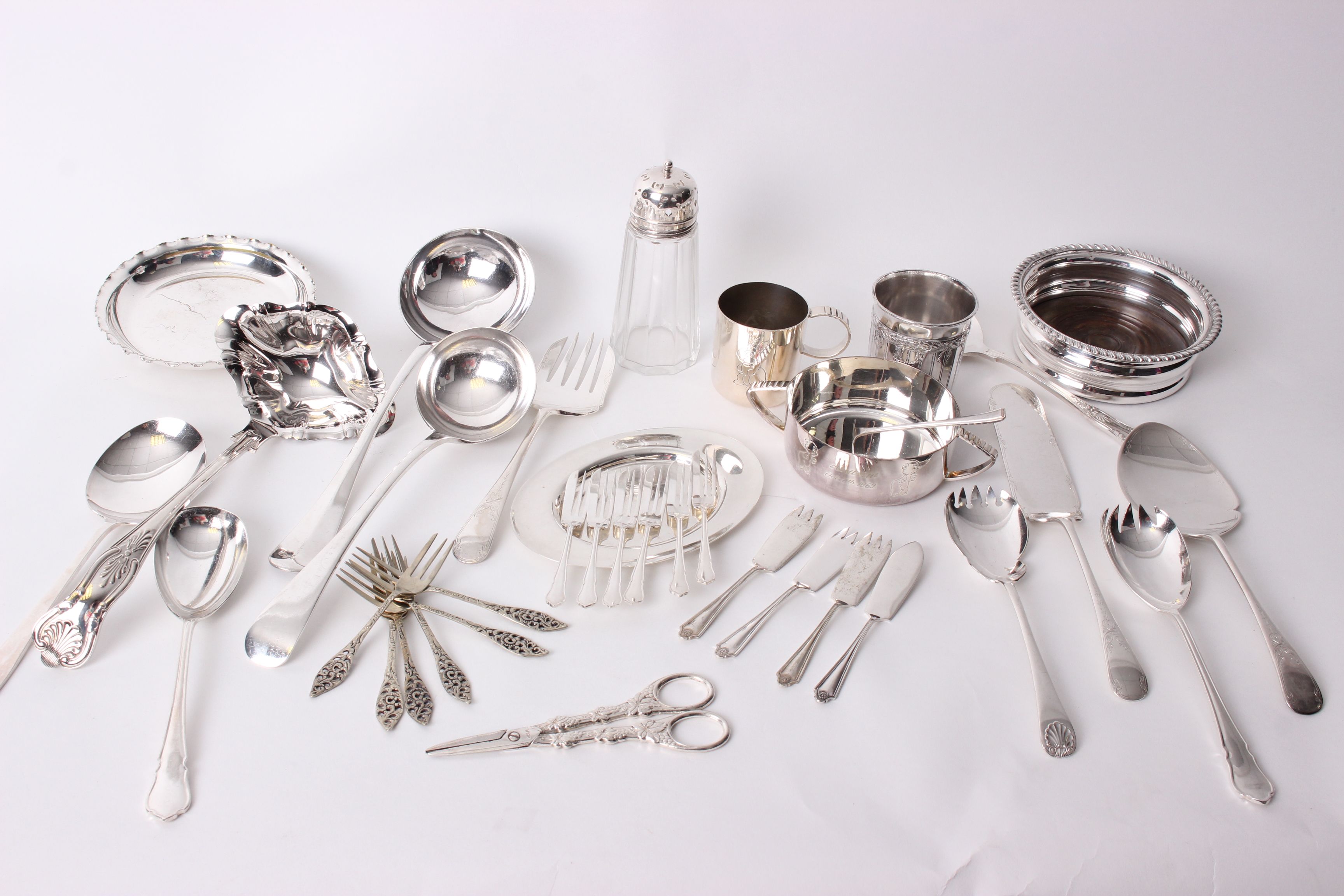 A collection of electroplated wares to include a Christening set, a pair of footed bowls by
