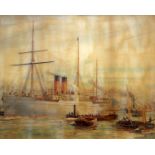 After William Lionel Wyllie (English, 1851-1931)Naval Ship Chromolithographic print in coloursSigned