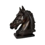 A bronze effect model of a horses head on metal plinth. 39cm(h)