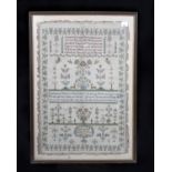 A framed and glazed needlework sampler, Martha Stratford finifed this piece September 27th 1799,