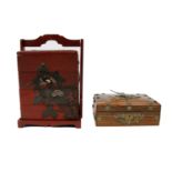 An Oriental style lacquer work four tier lunch box together with a small metal mounted trinket box.