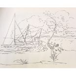 A collection of prints and posters of artwork, to include a signed print of docked sailing boats, '
