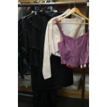 20th century ladies clothes to include a black halter neck dress, a velvet ruche fronted top with