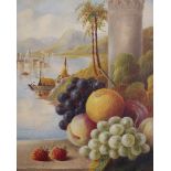 J. H. LewisStill Life of Fruits with Palace and Lake Oil on boardSigned lower left35 x 25cm