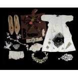 A collection of head dresses, vintage slips and material samples, together with a pair of shoes,