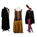 1900's costume Lame skirted dress with jewel details and multi coloured striped bodice, a black