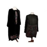 1920's elaborately beaded black silk velvet dress, mid calf in length together with a black open