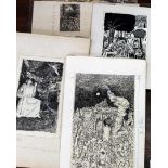 A collection of assorted drawings and woodblocks, depicting animals, family life and landscapes,