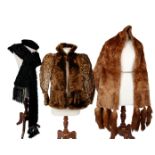 Vintage 1940s/50's fur stole with tails, together with a black fur hand muff and matching scarf &