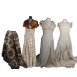 1930's/40's vintage wedding dresses, one in tulle and cream cotton with side split detail, ivory