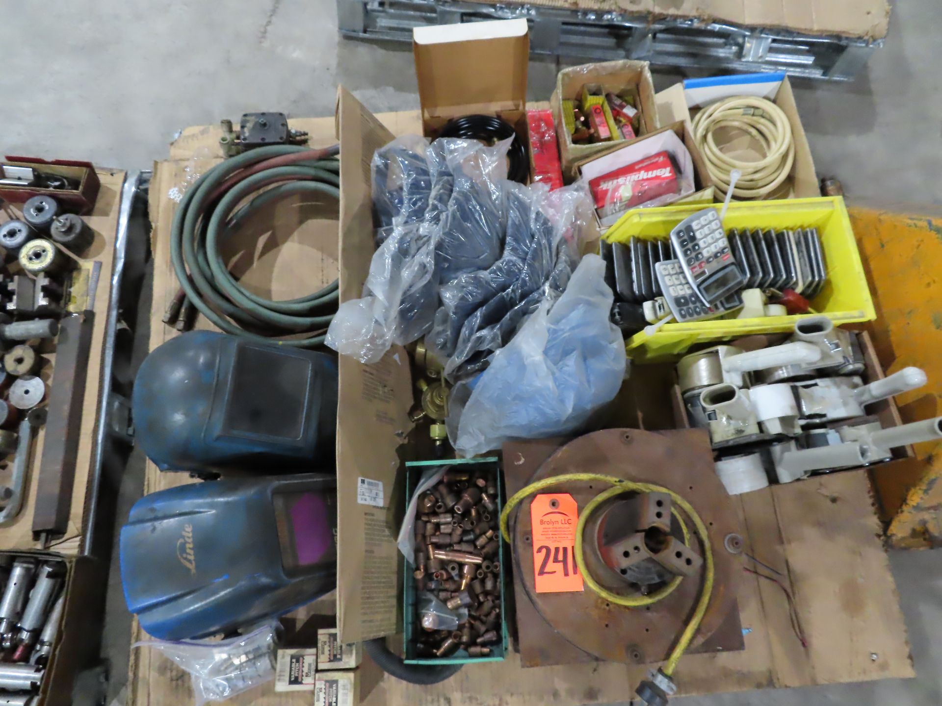 Pallet of assorted welding accessories. This item can be picked up onsite with no loading fee.