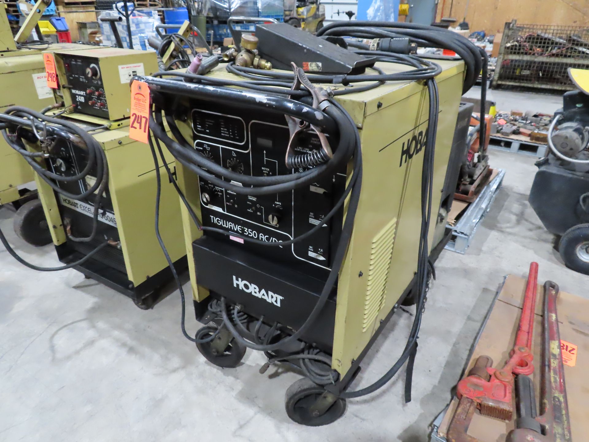 Hobart Tigwave 350 AC/DC tig welder. Includes gas gauge, Hobart chiller, leads and foot pedal.