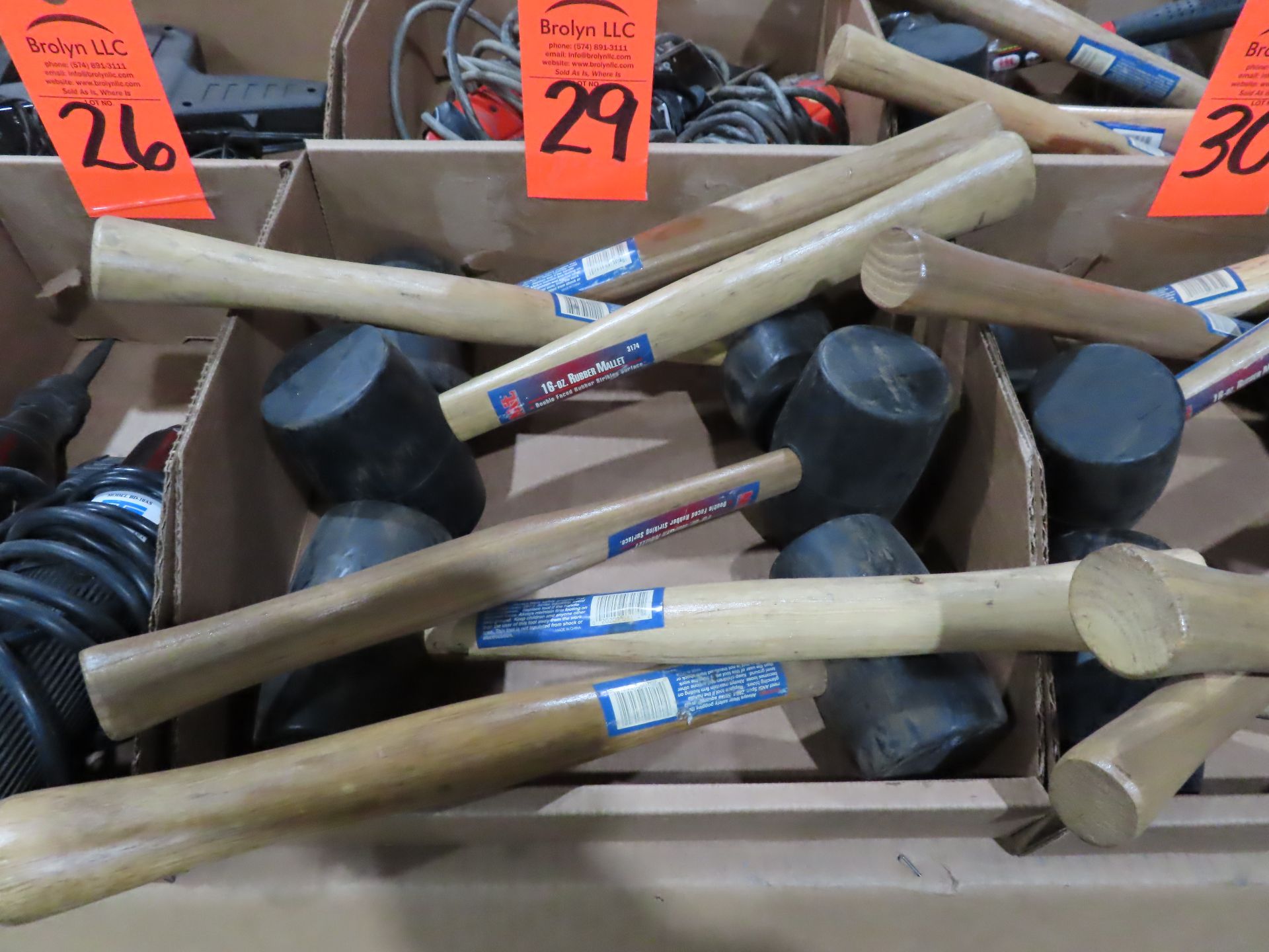 Qty 6 wooden handled rubber mallets. (new) This item can be picked up onsite with no loading fee.