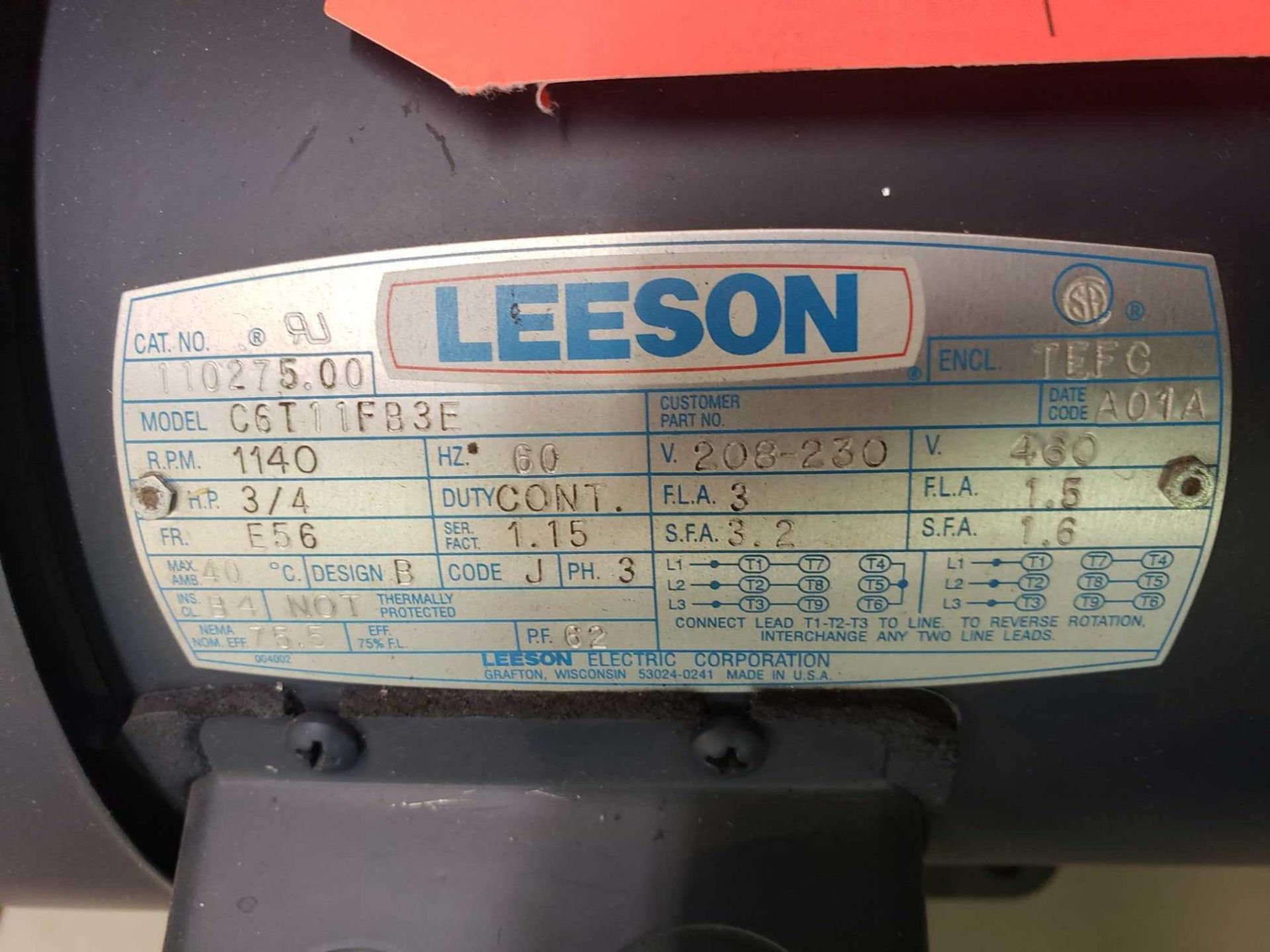 Leeson motor catalog 1100275.00. Model C6T11F83E. New with minor shelf wear. - Image 3 of 3