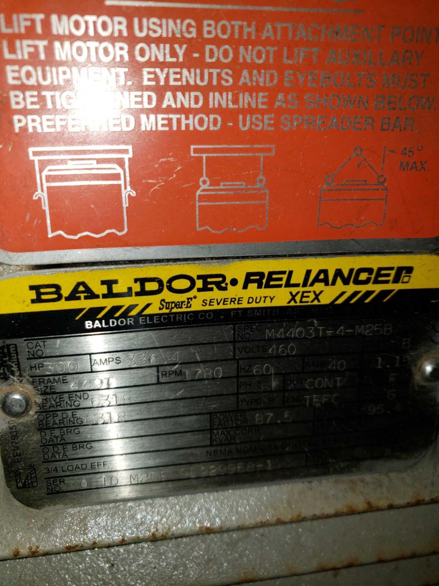 300hp Baldor Reliance Super E Service duty motor Spec M4403T-4-M25B. Rebuilt 449t frame, 460v, - Image 3 of 6