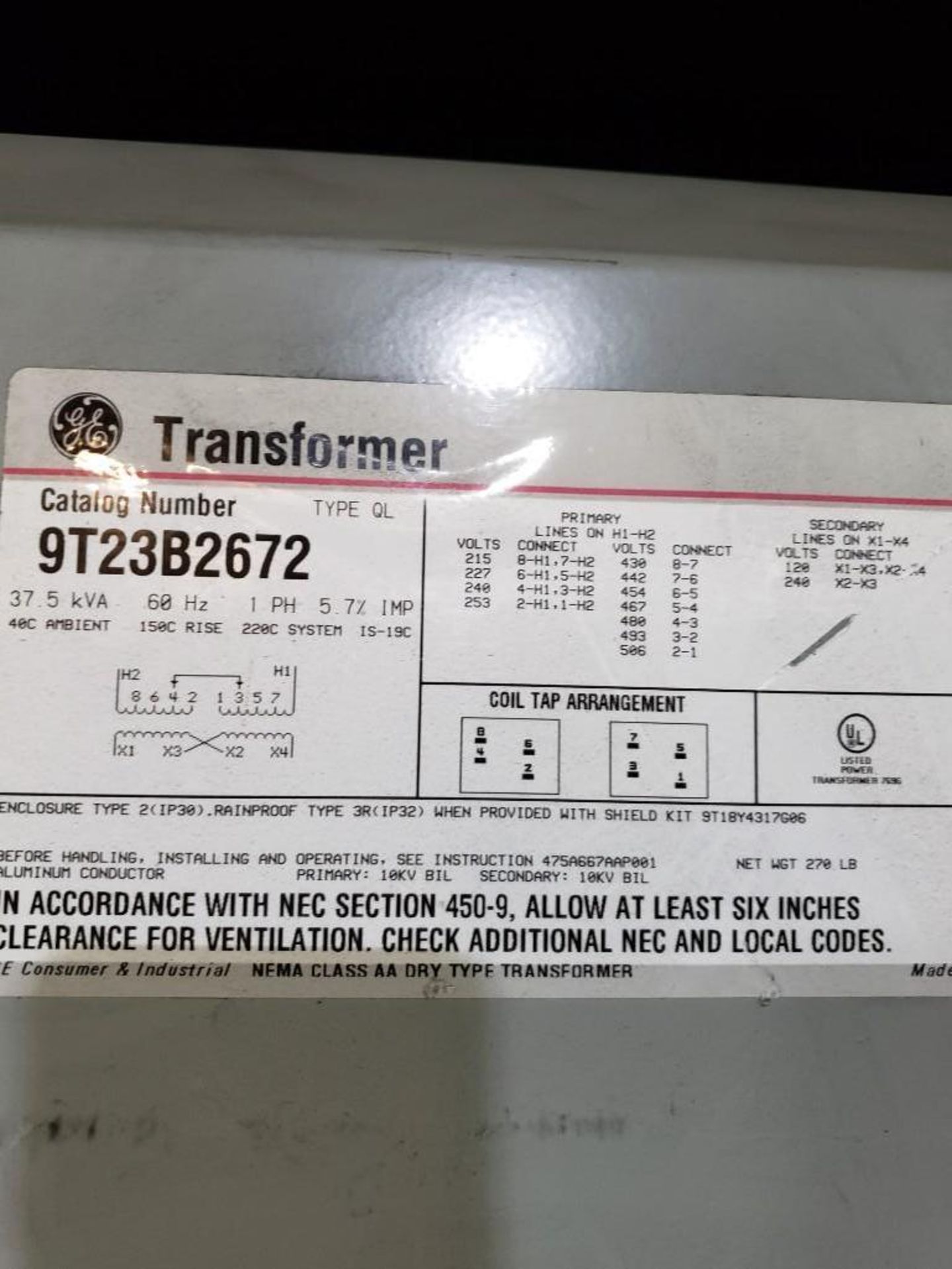 GE 37.5kVA tranformer. Model 9T23Y522. - Image 2 of 2