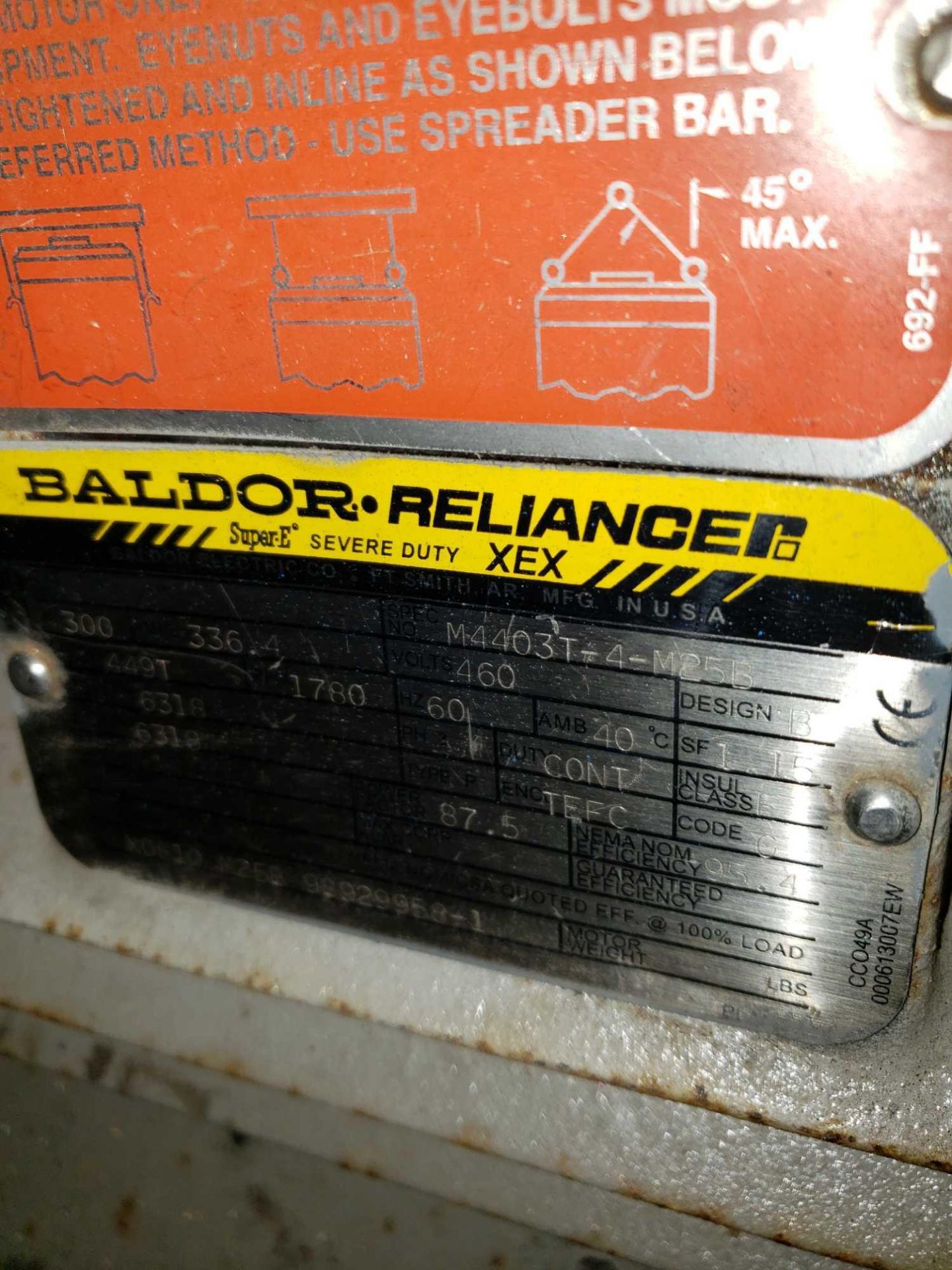 300hp Baldor Reliance Super E Service duty motor Spec M4403T-4-M25B. Rebuilt 449t frame, 460v, - Image 4 of 6
