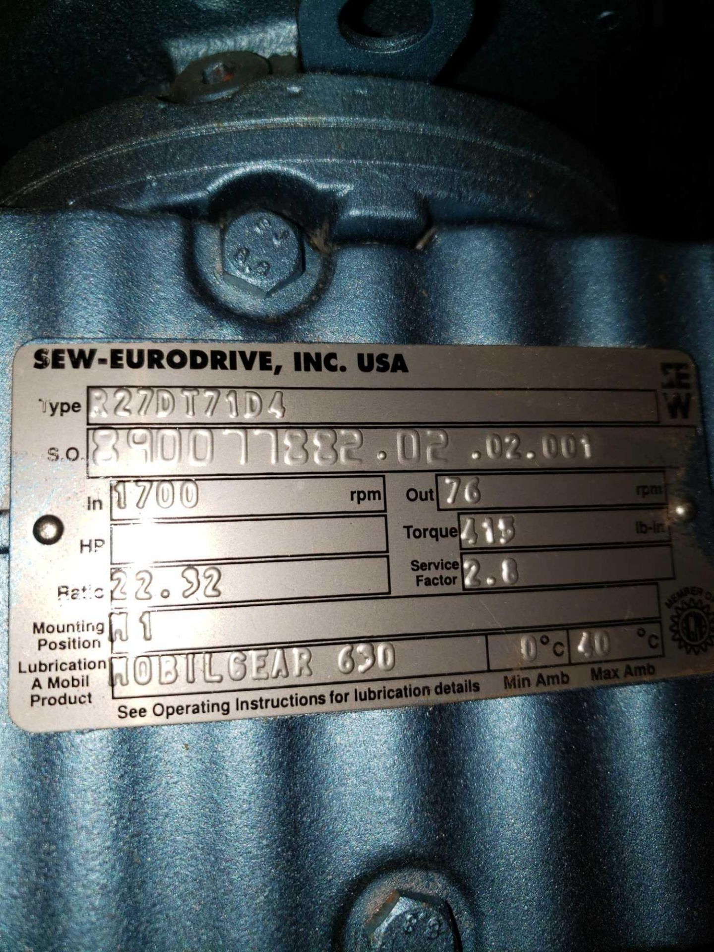 Sew Eurodrive gearmotor assembly. Models R27DT71D4 and DFT71D4. New with minor shelf wear. - Image 2 of 3