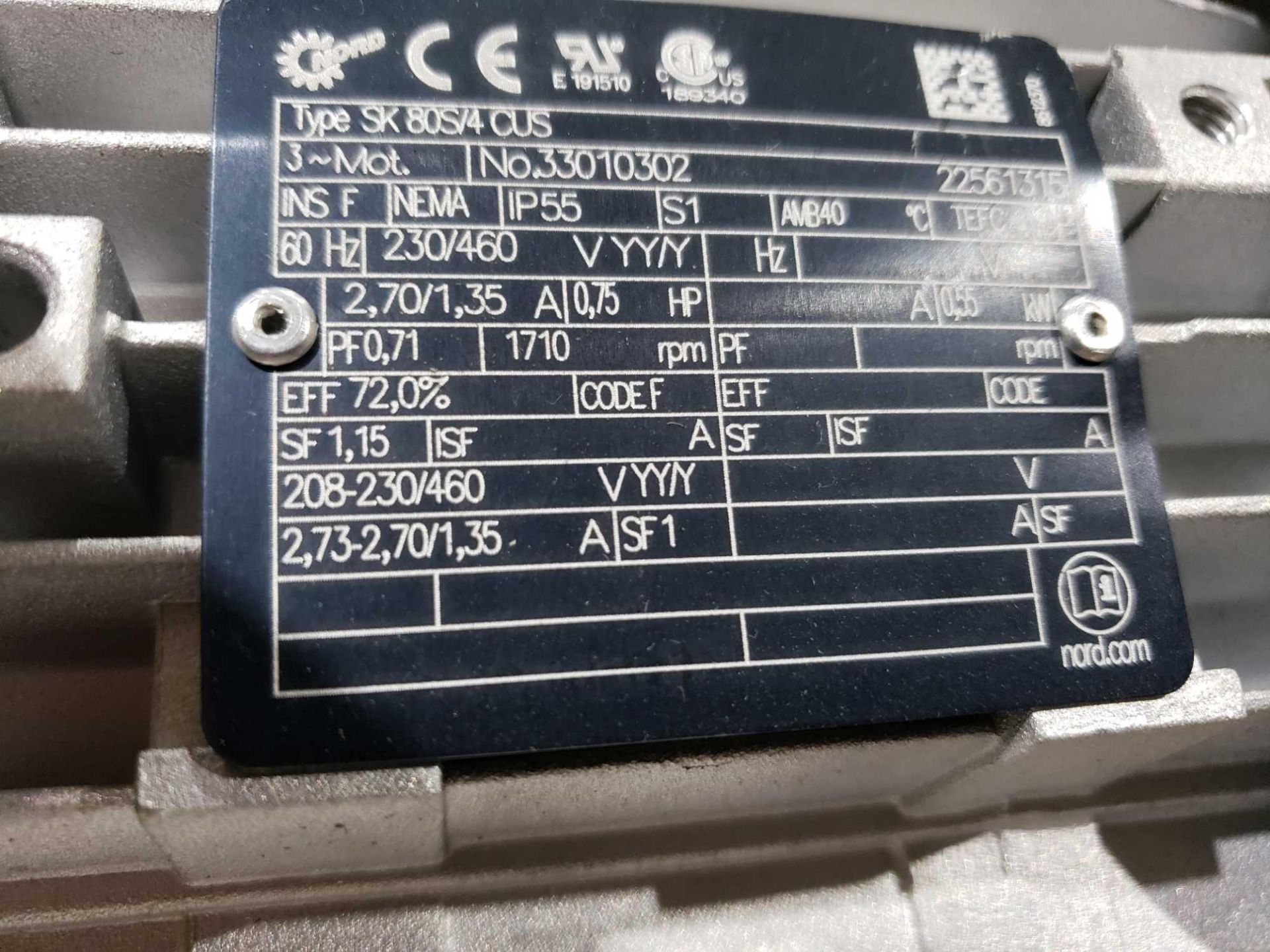 Nord Systems 10.83:1 gear box and motor. Type SK92172.1AMHD-80S/4CUS and SK80S/4CUS. NEW. - Image 3 of 3