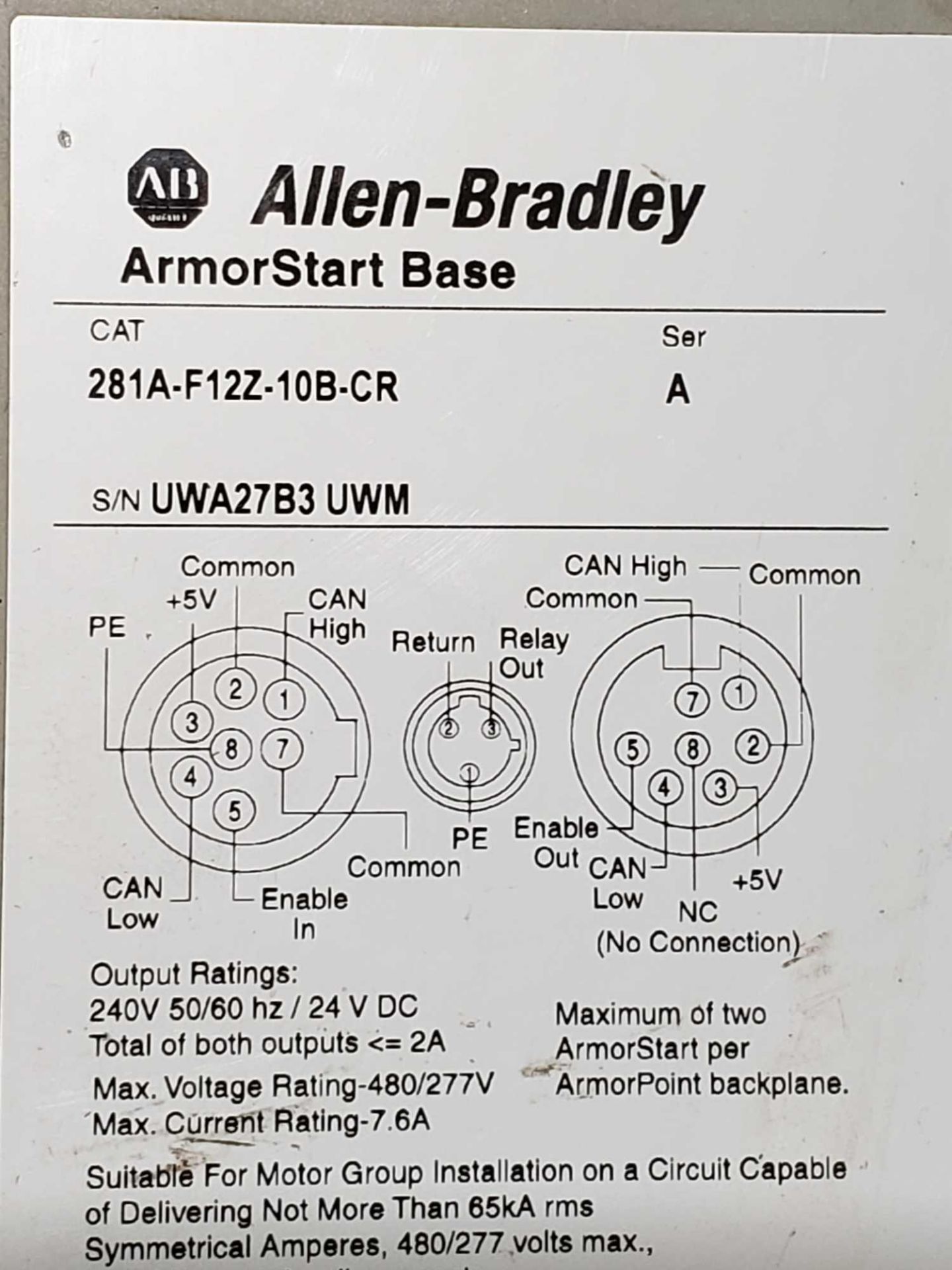Allen Bradley Armorstart Catalog 281A-F12Z-10A-CR with base Catalog 281A-F12Z-10B-CR. - Image 3 of 3