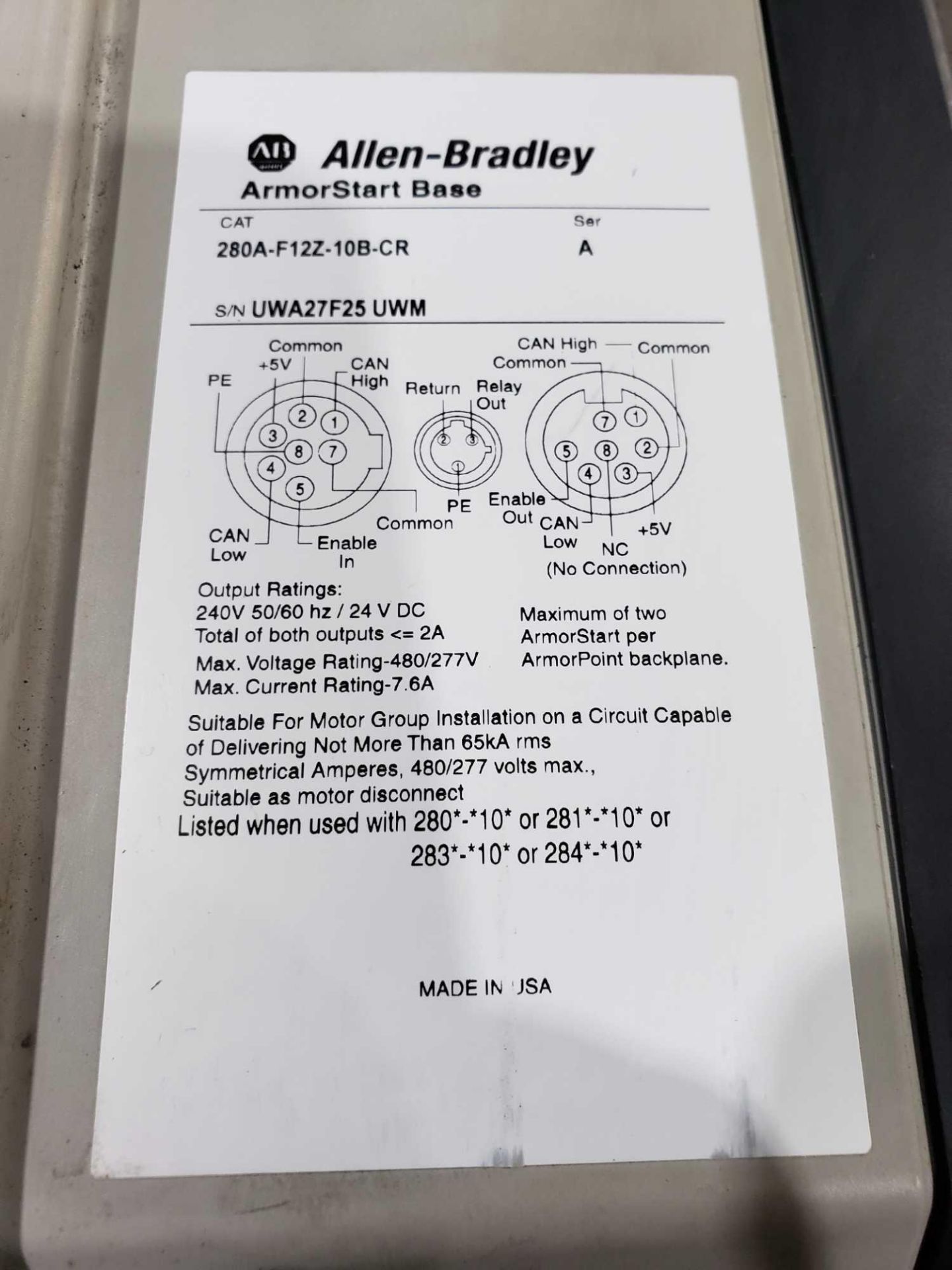 Allen Bradley Armorstart Catalog 280A-F12Z-10B-CR with base Catalog 280A-F12Z-10B-CR. - Image 3 of 3