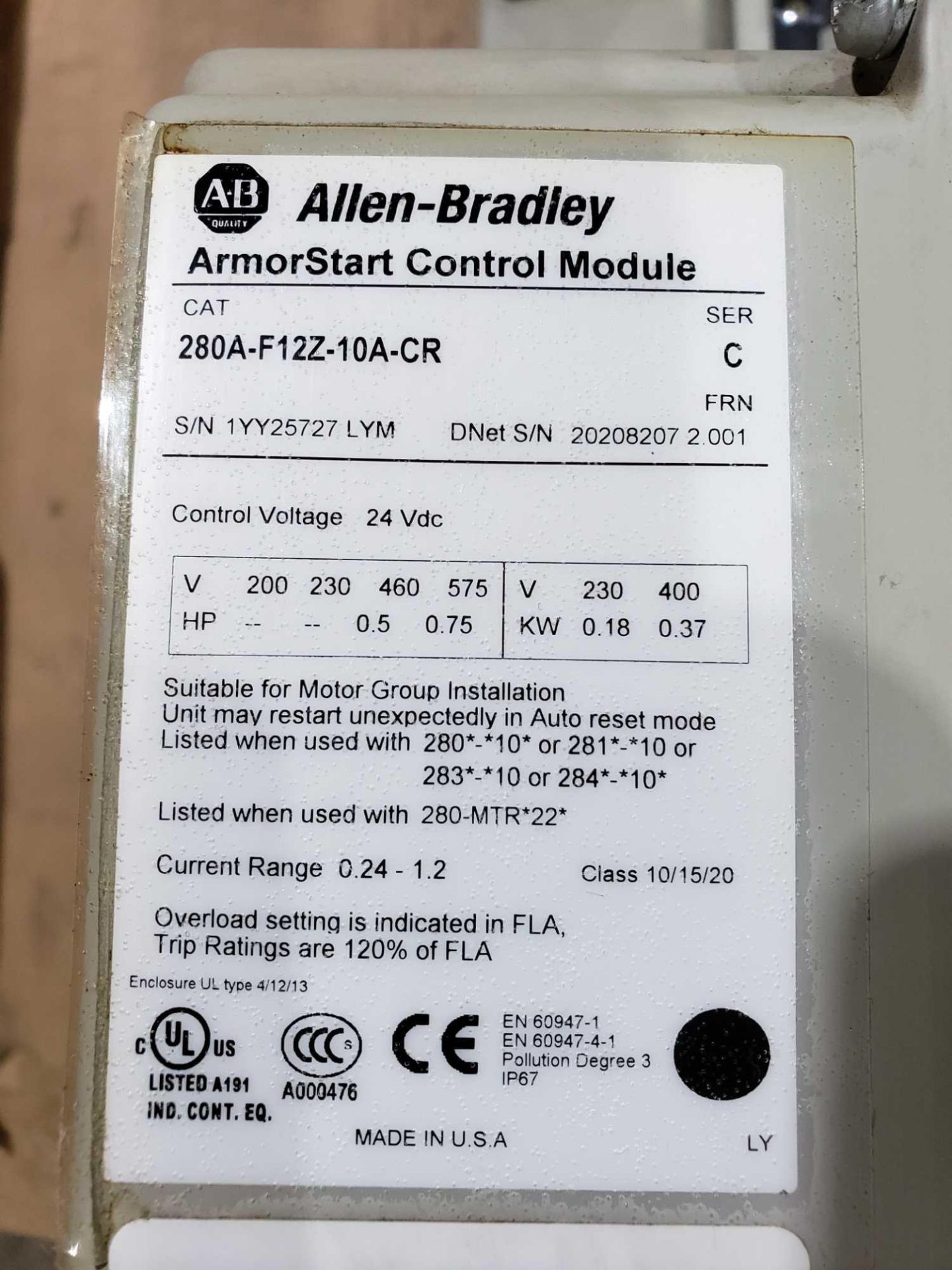 Allen Bradley Armorstart Catalog 280A-F12Z-10A-CR with base Catalog 280A-FN-10-C. - Image 2 of 3