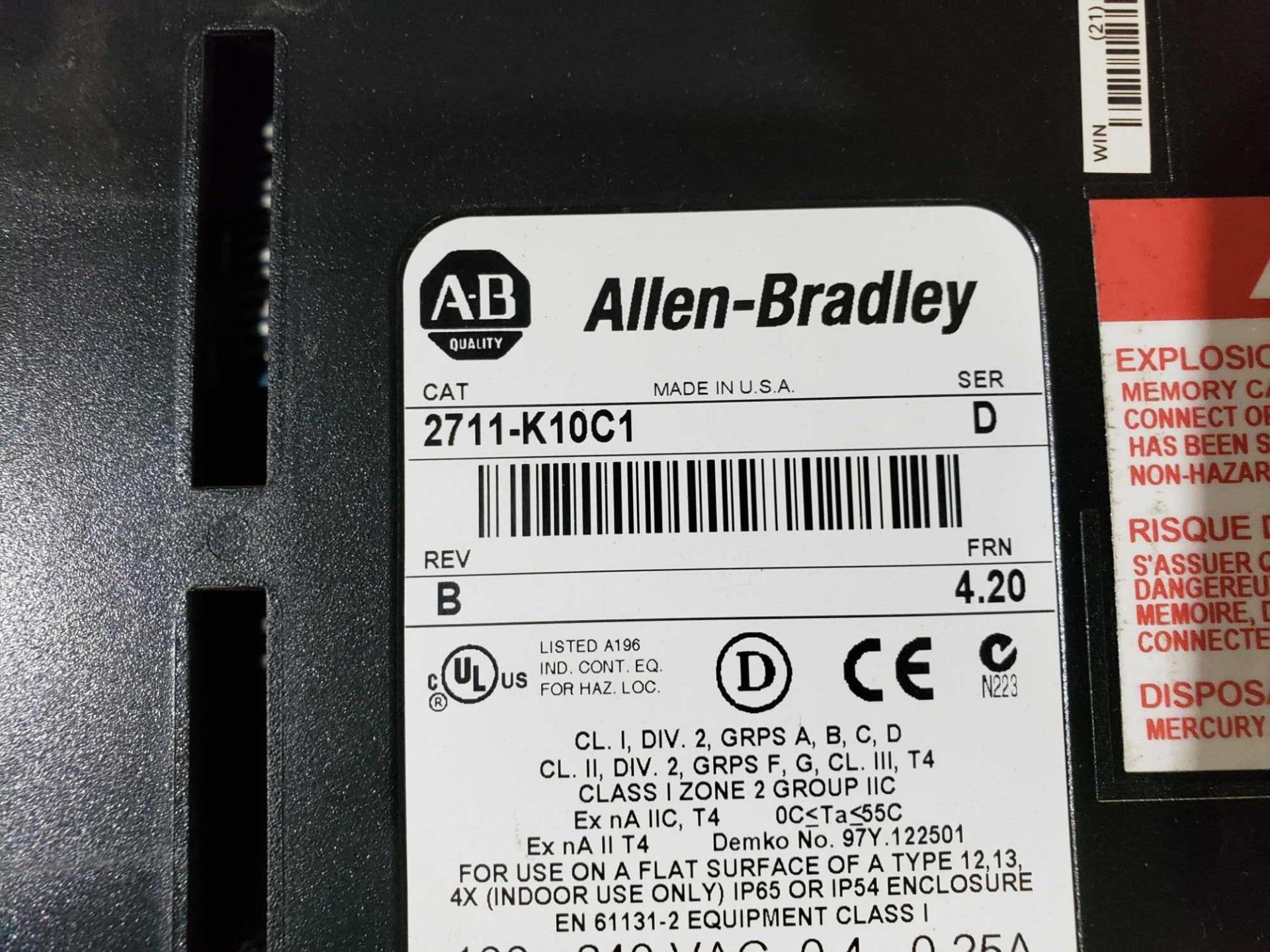Allen Bradley Panelview 1000 Catalog number 2711-K10C1. Unit was pulled from large plant line closur - Image 3 of 3