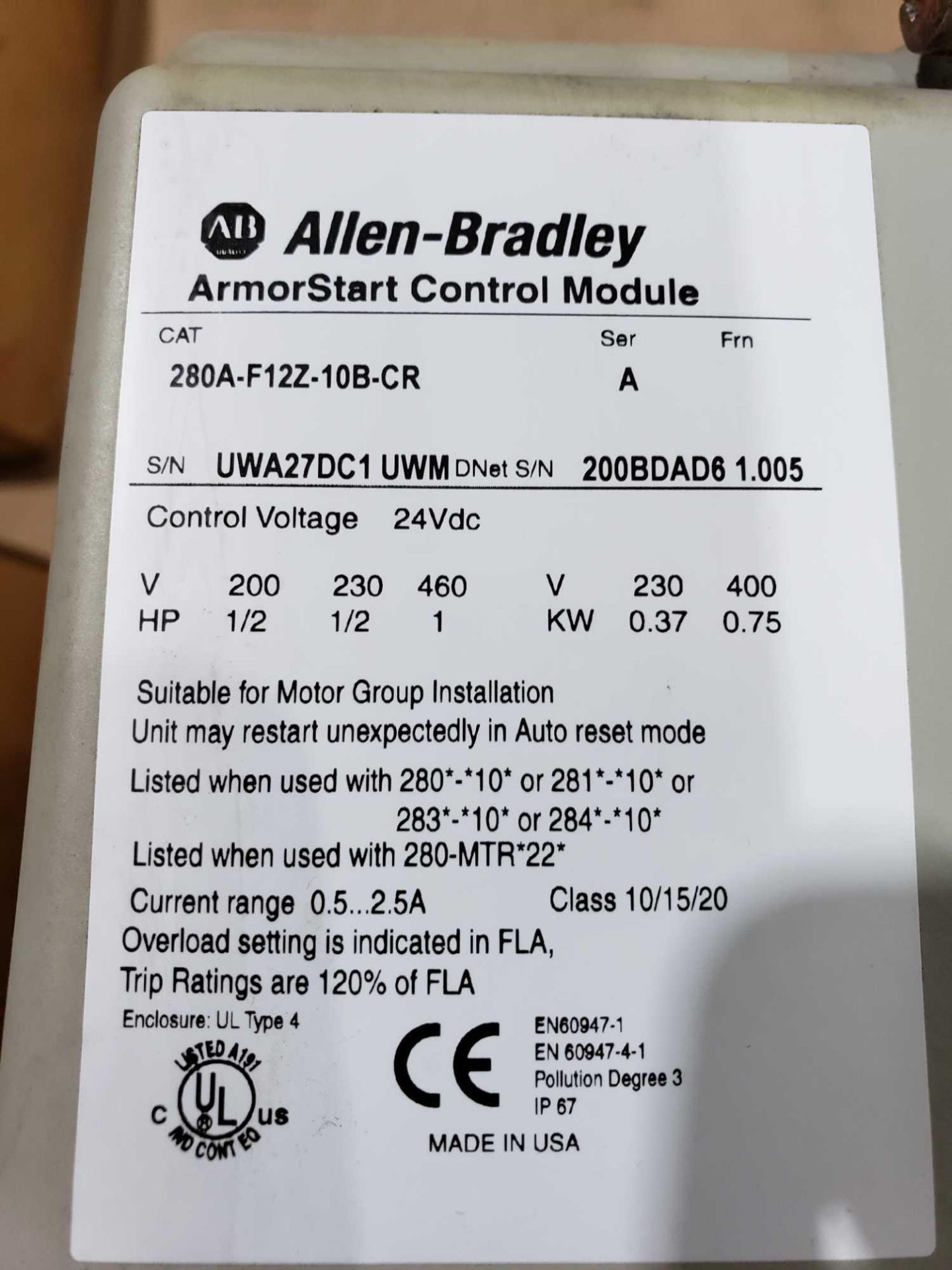 Allen Bradley Armorstart Catalog 280A-F12Z-10B-CR with base Catalog 280A-F12Z-10B-CR.