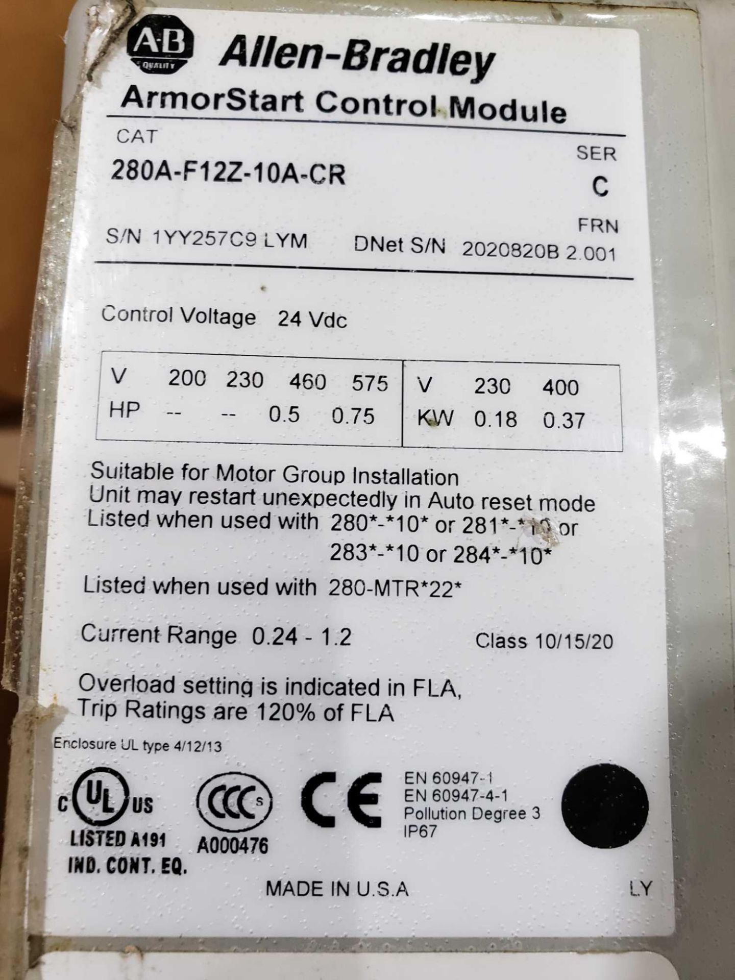 Allen Bradley Armorstart Catalog 280A-F12Z-10A-CR with base Catalog 280A-FN-10C. - Image 2 of 3