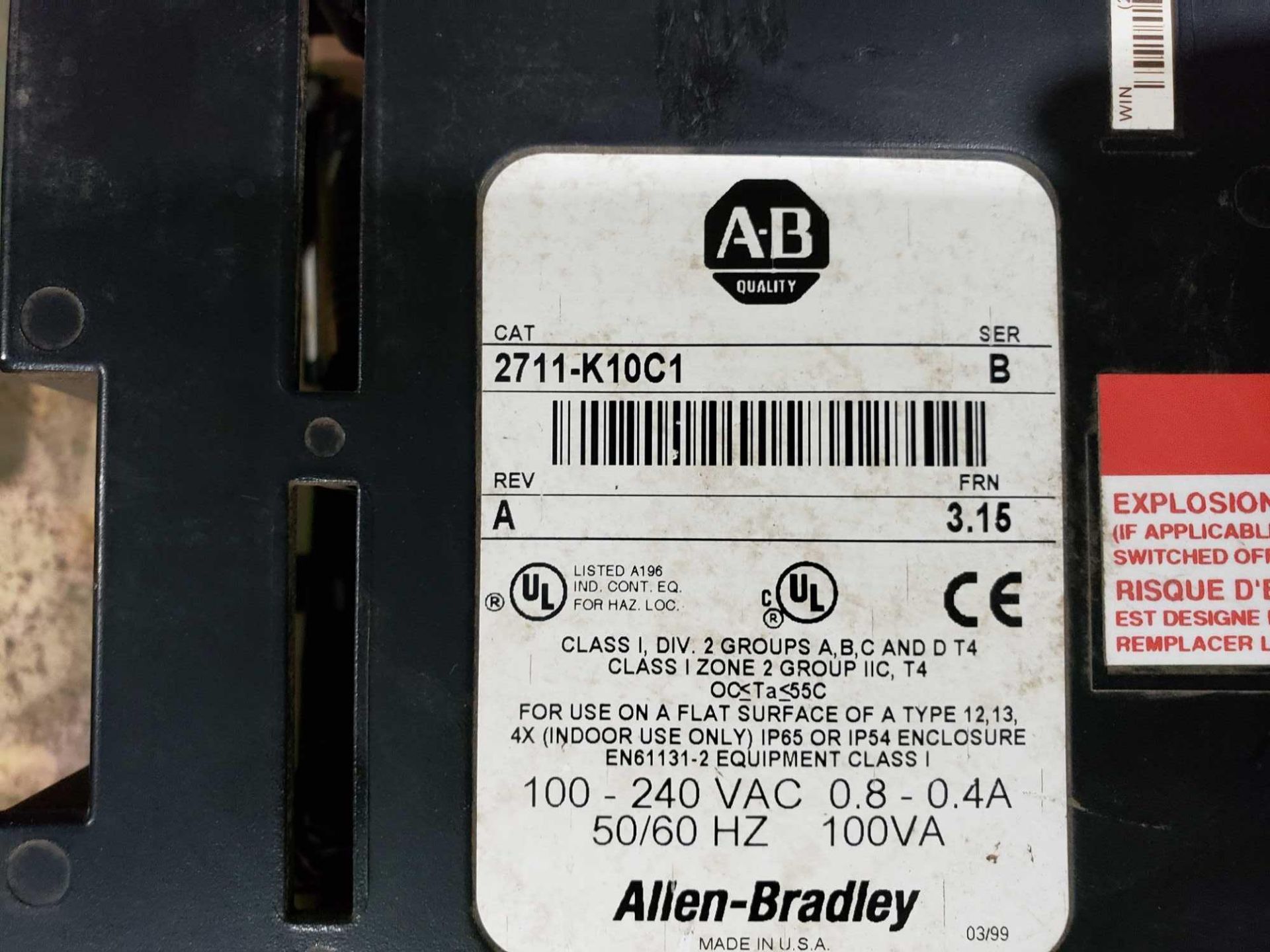 Allen Bradley Panelview 1000 Catalog number 2711-K10C1. BACK PLASTIC COVER IS BROKEN. - Image 3 of 3