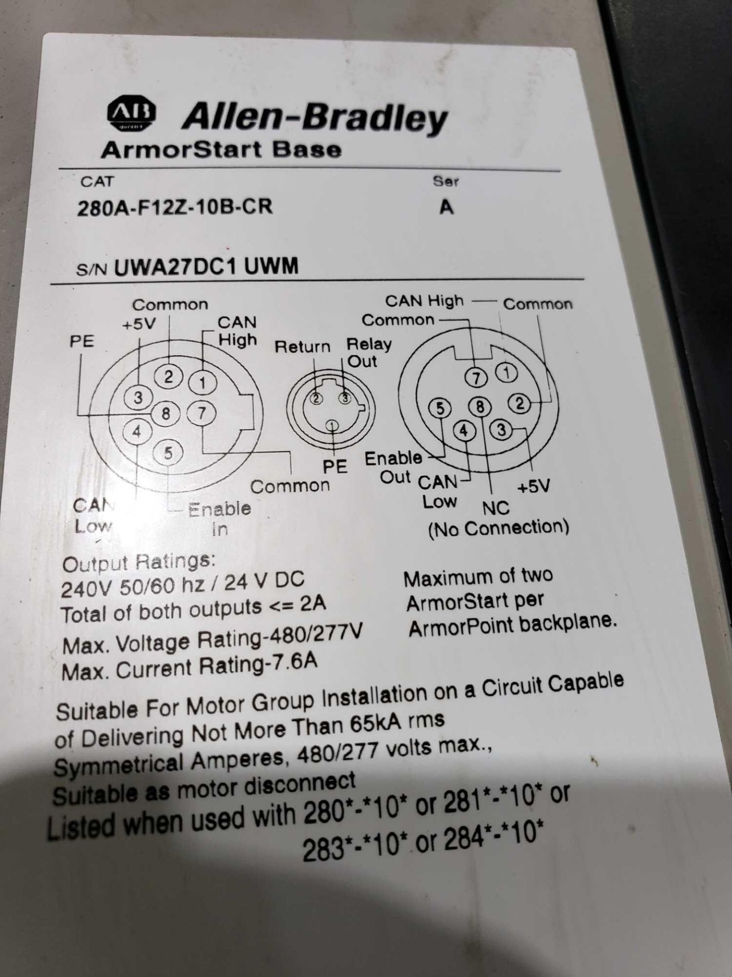 Allen Bradley Armorstart Catalog 280A-F12Z-10B-CR with base Catalog 280A-F12Z-10B-CR. - Image 2 of 2