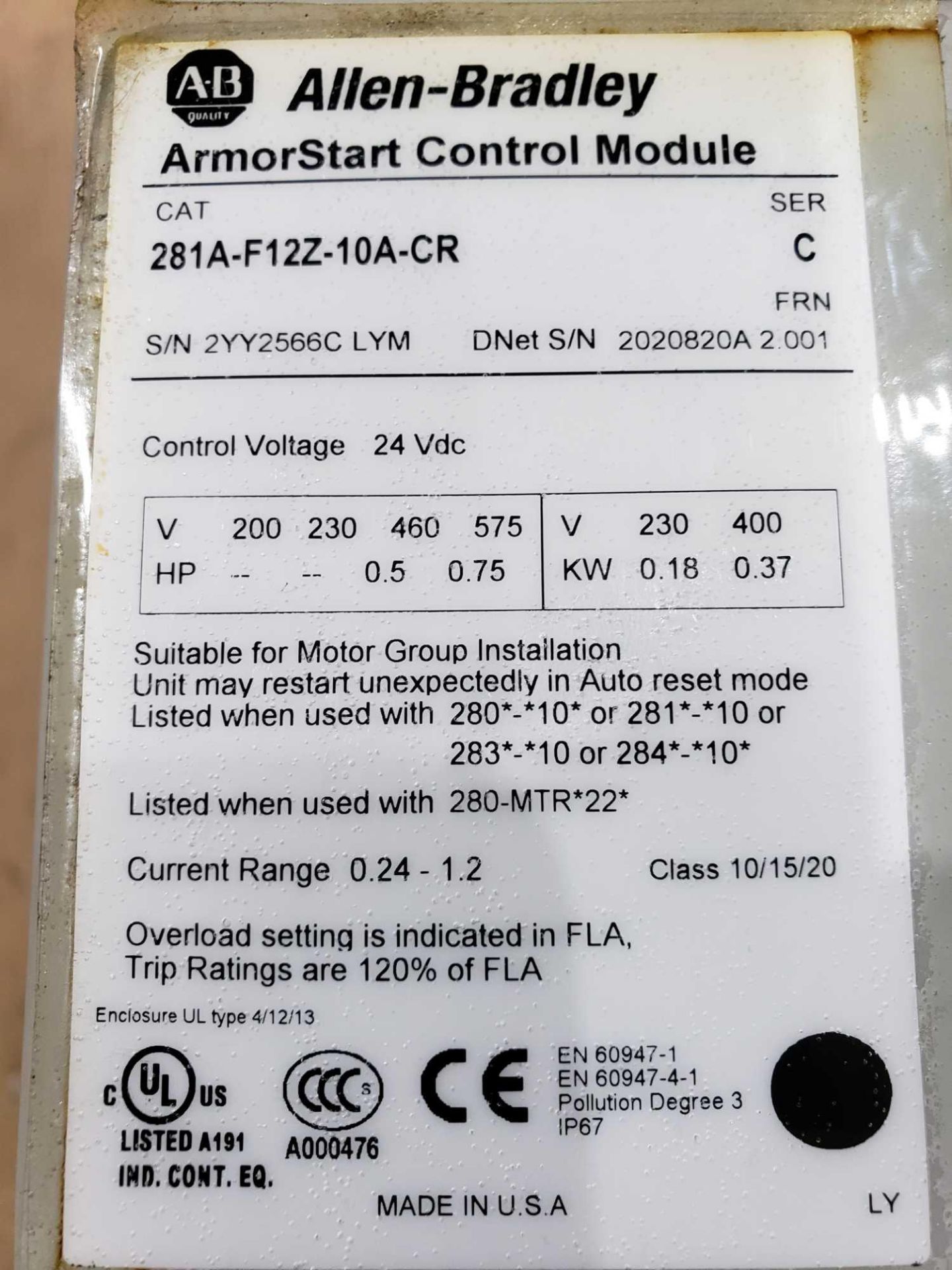 Allen Bradley Armorstart Catalog 281A-F12Z-10A-CR with base Catalog 280A-FN-10C. - Image 2 of 3