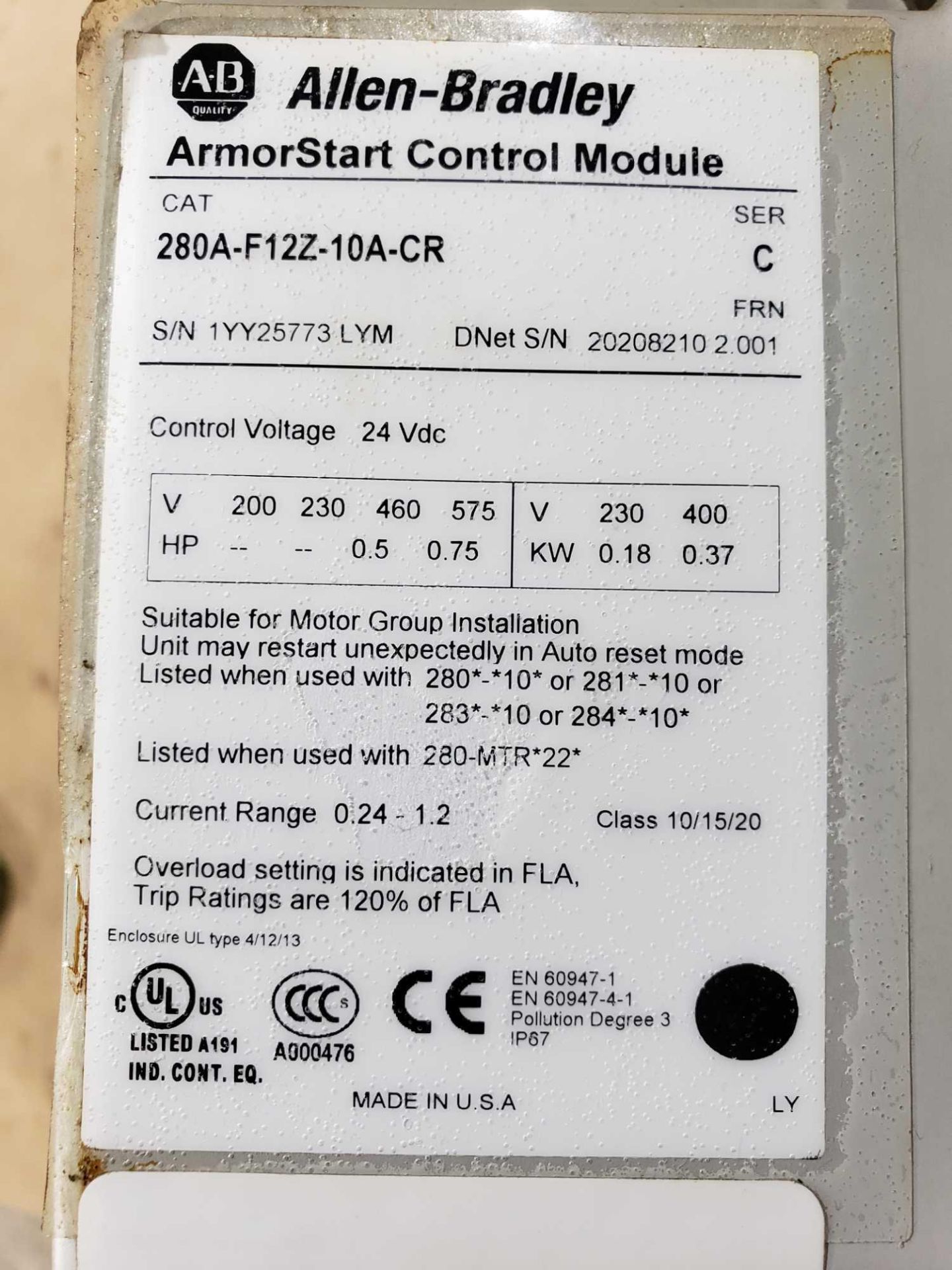 Allen Bradley Armorstart Catalog 280A-F12Z-10A-CR with base Catalog 280A-FN-10C. - Image 2 of 3