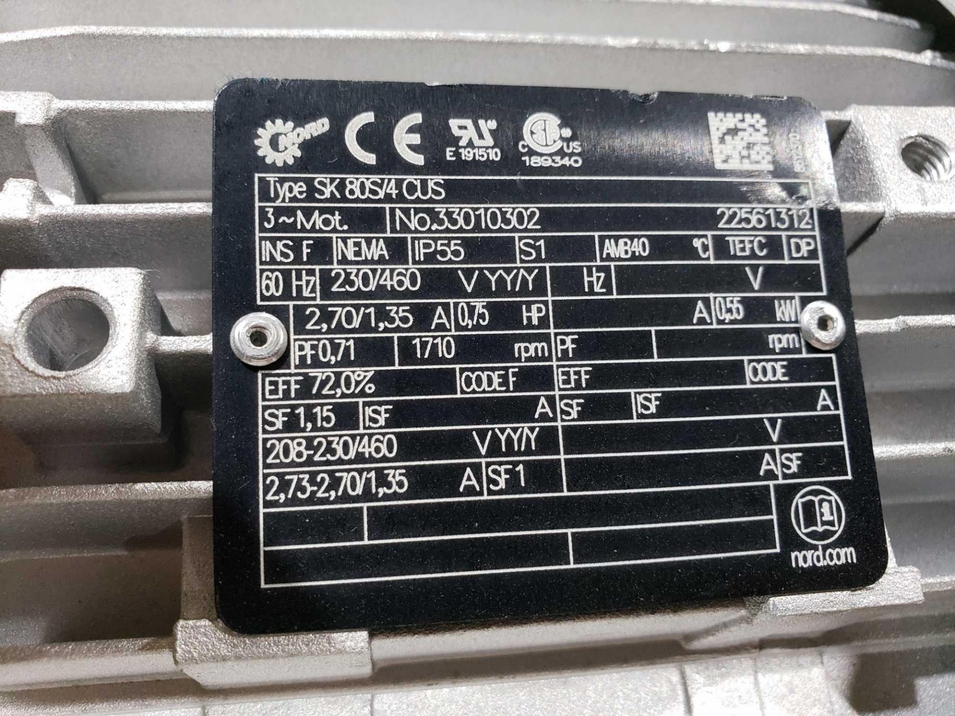 Nord Systems 10.83:1 gear box and motor. Type SK92172.1AMHD-80S/4CUS and SK80S/4CUS. NEW. - Image 3 of 3