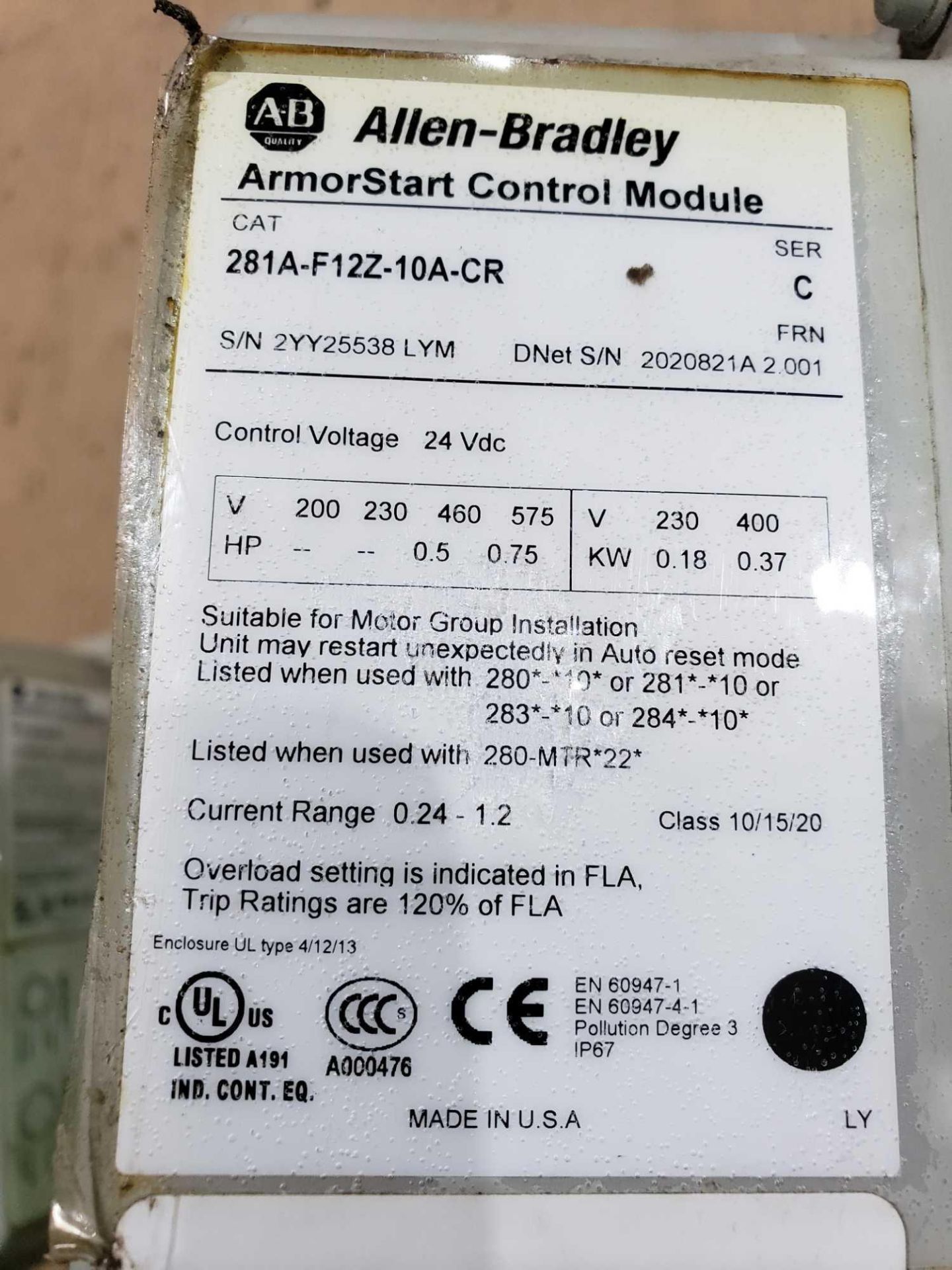 Allen Bradley Armorstart Catalog 281A-F12Z-10A-CR with base Catalog 280A-FN-10-C. - Image 2 of 3