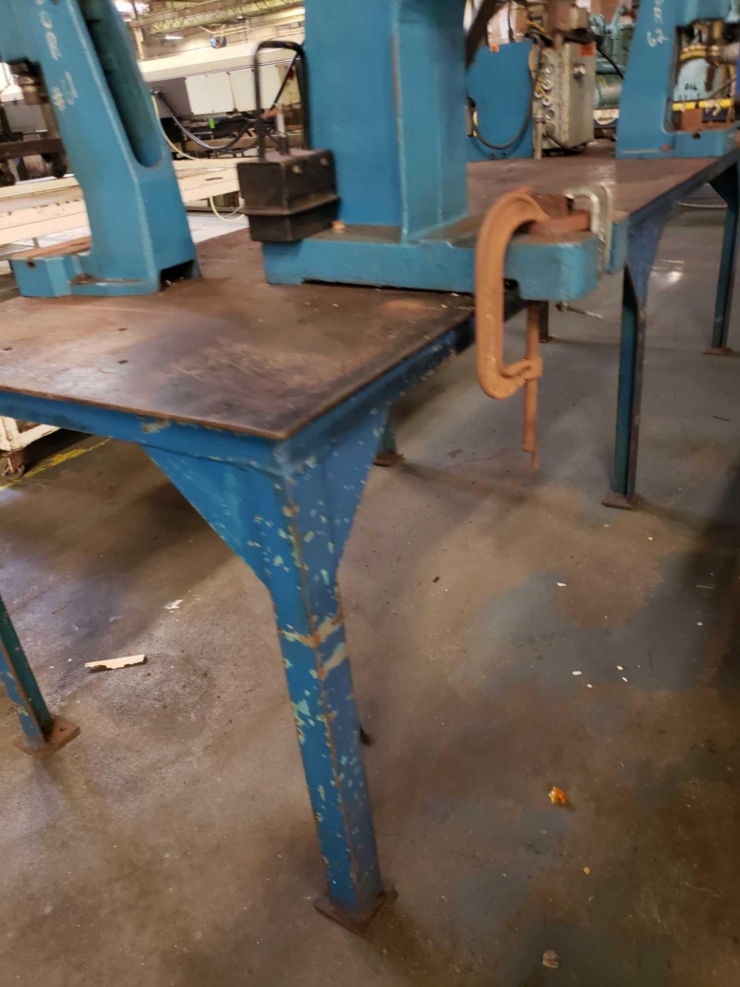 Steel table with large press and control boxes. 30" W X 8'L (The other 3 presses are not included) - Image 4 of 4