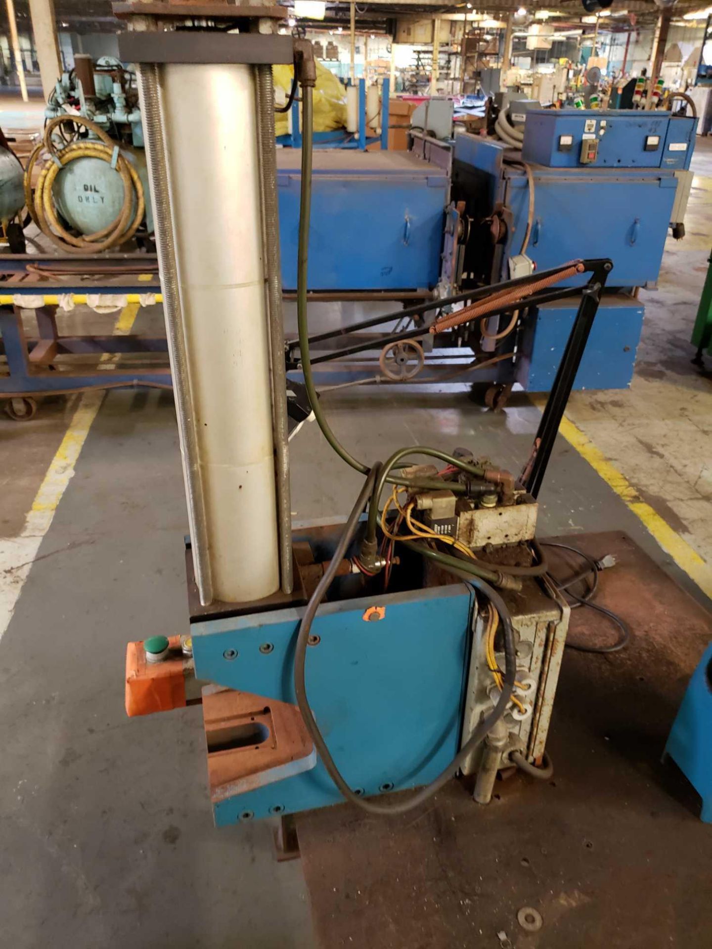 Steel table with large press and control boxes. 30" W X 8'L (The other 3 presses are not included) - Image 3 of 4