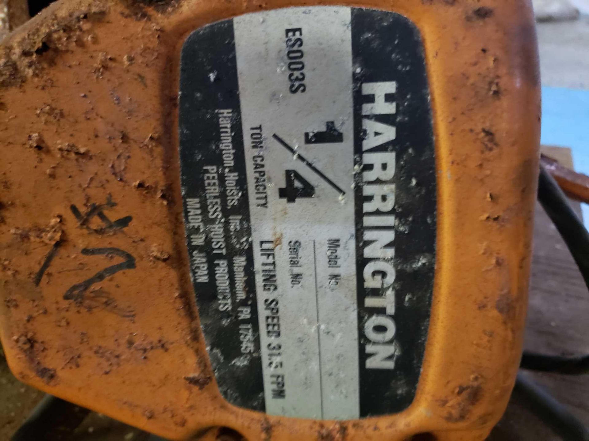 Harrington 1/4 ton hoist Model ES003S. Lift speed 32.5fpm, with pendant. - Image 2 of 3