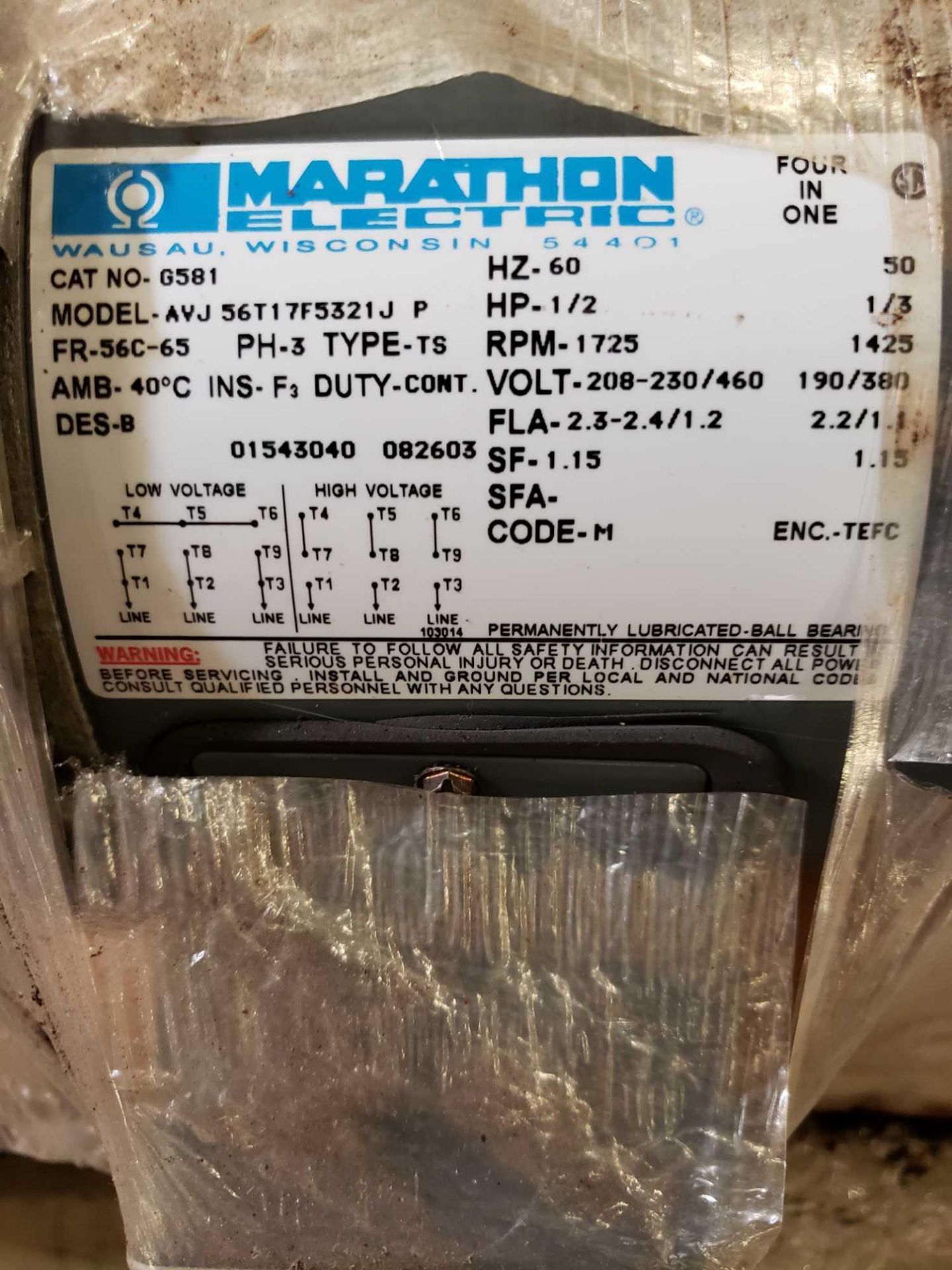 Marathon Electric catalog G581, 1/2hp, 208-230/460hp 3 phase motor. - Image 2 of 2