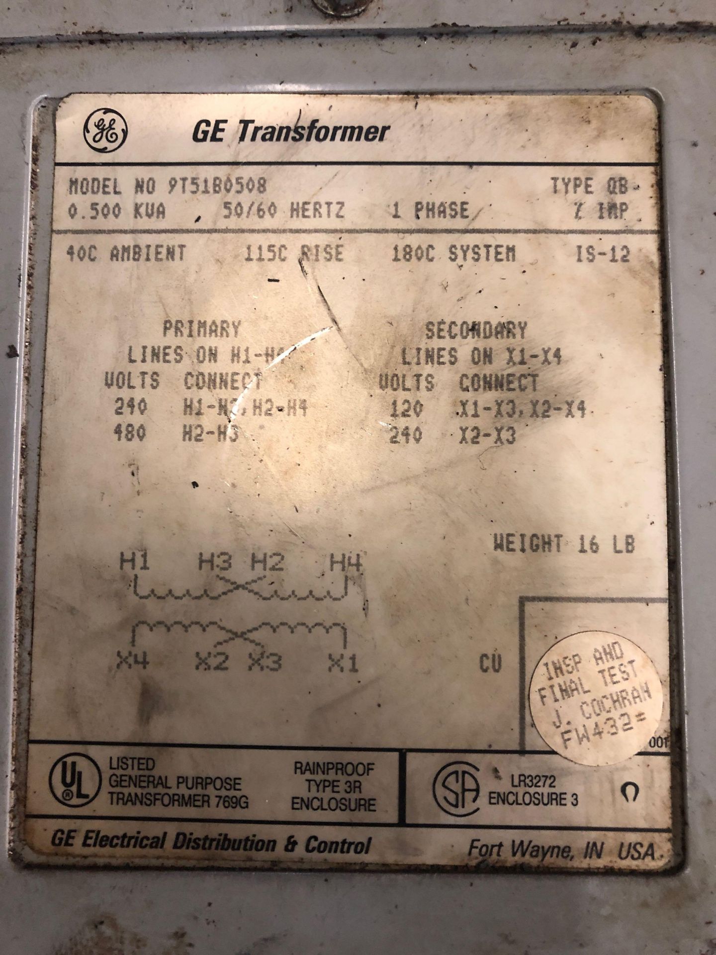 GE transformer Model 9T51B0, .5kVa tranformer. - Image 2 of 2