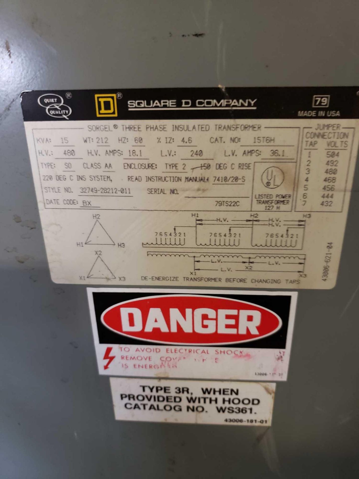 Square D Model 15T6H, 15kVa transformer. 480v. - Image 2 of 4