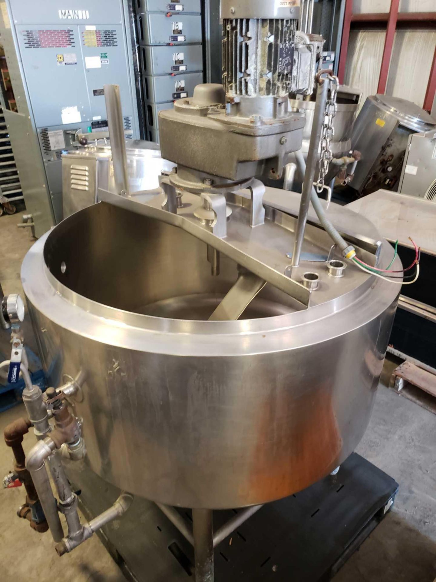 Stainless jacketed steam kettle with mixer and top as pictured. Approx dimensions 48" diameter x 32" - Image 3 of 10