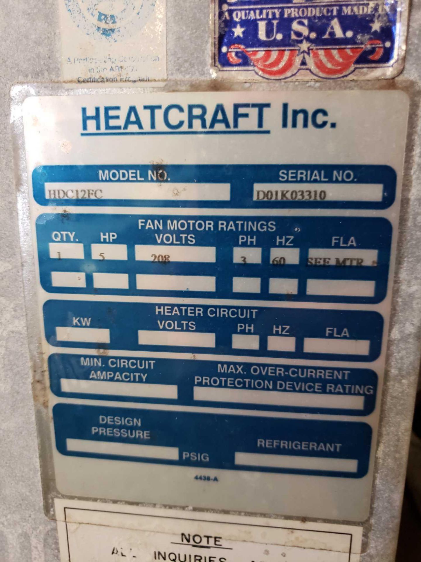 Bohn Heatcraft Model HDC12FC refrigeration unit cooler. 3 phase, 208. - Image 2 of 6