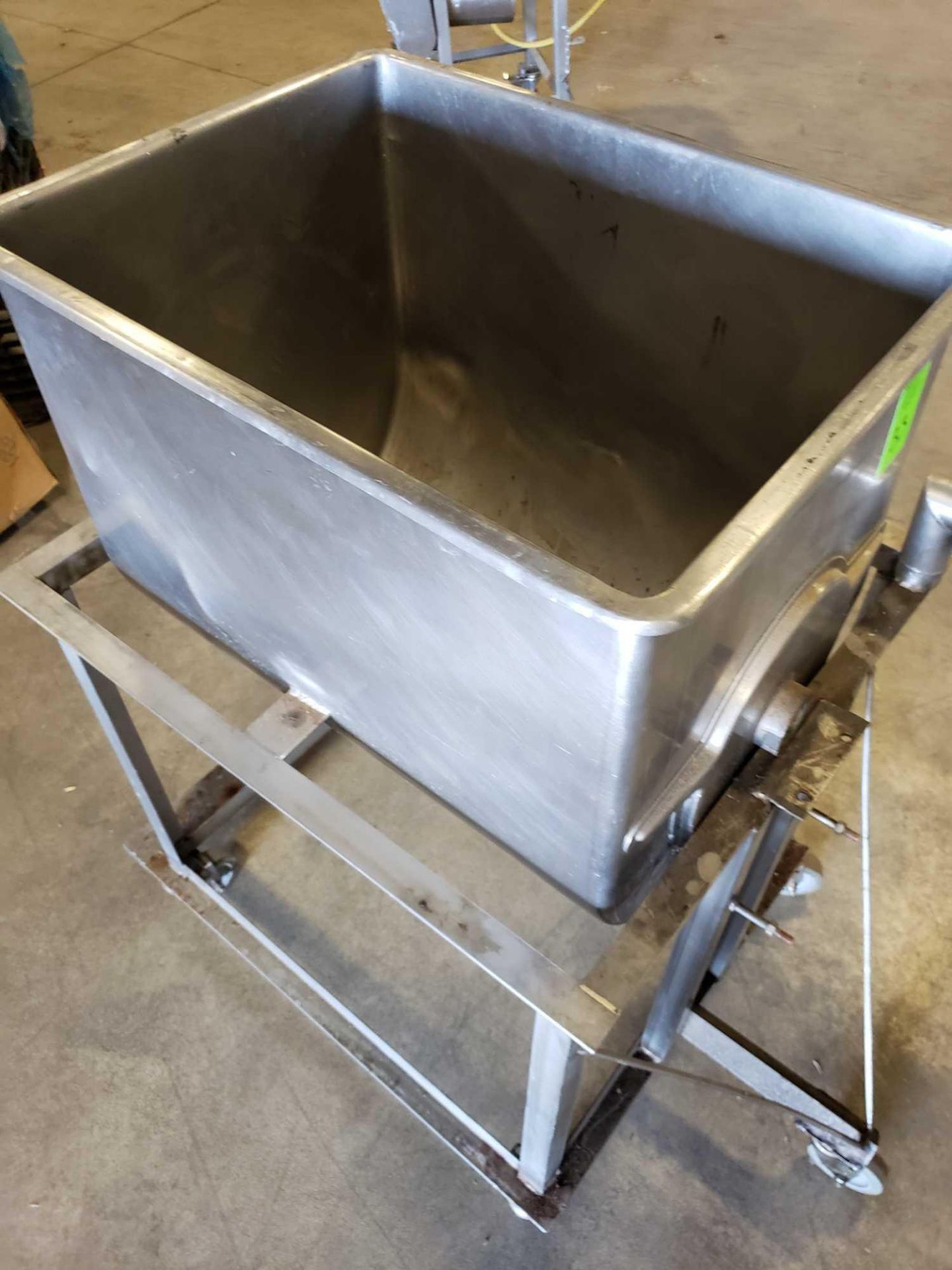 28"long x 21" wide x 23" deep Dumping stainless steal tank/hopper on cart with drain as pictured. - Image 3 of 5