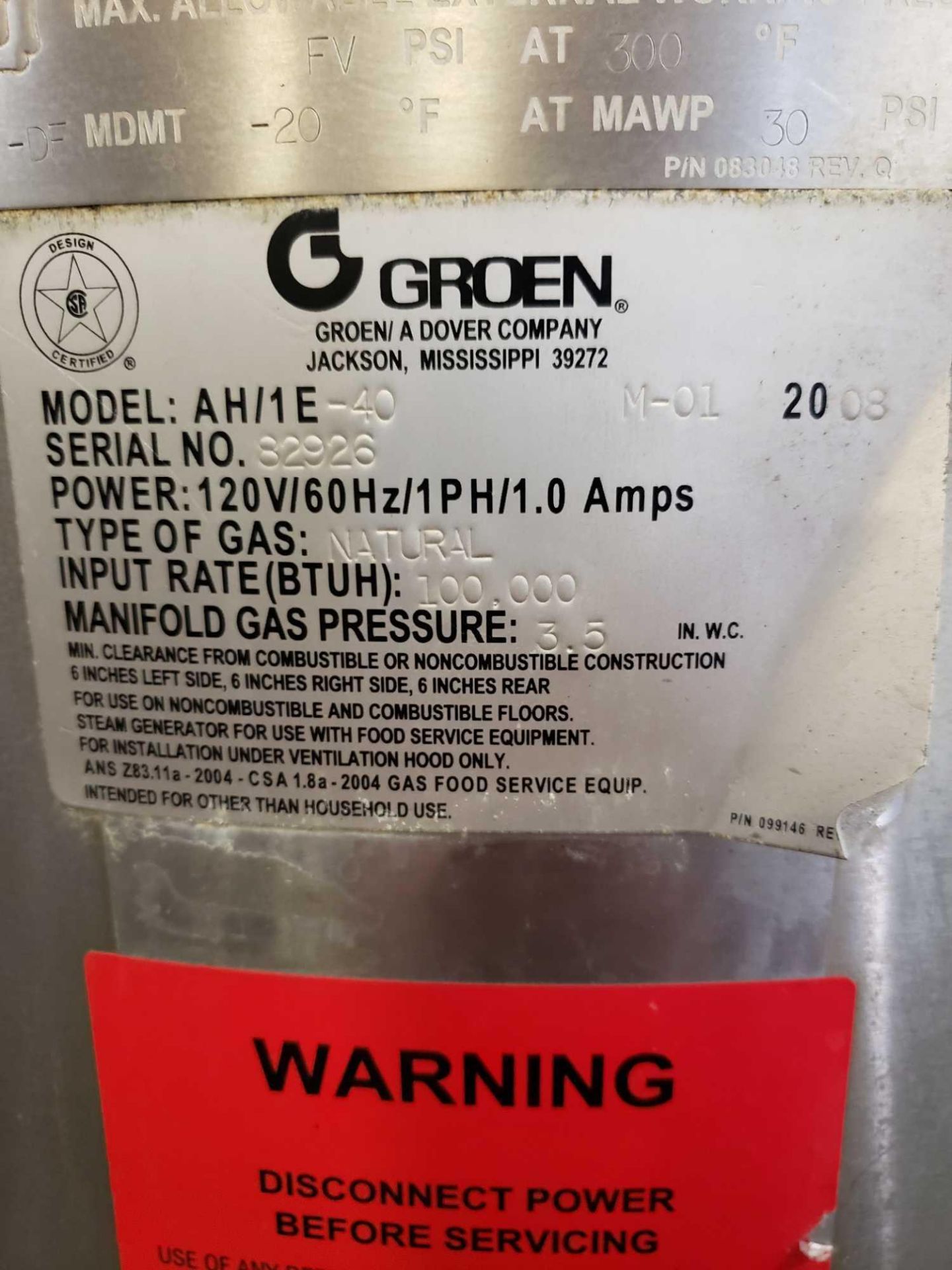 Groen model AH/1E-40, 40 gallon nat gas steam jacketed kettle. 100k btu. Mfg date 2008. - Image 4 of 10