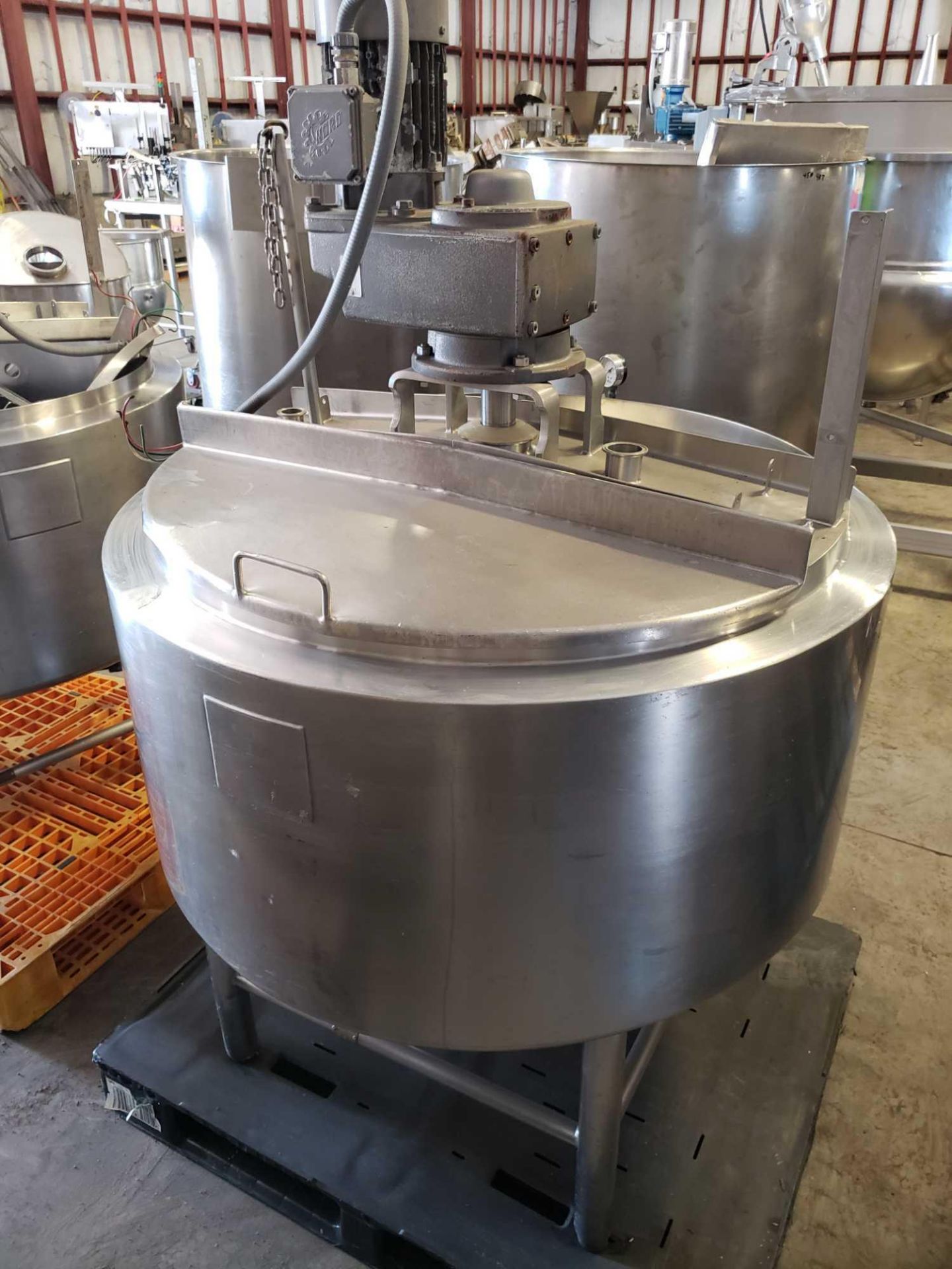 Stainless jacketed steam kettle with mixer and top as pictured. Approx dimensions 48" diameter x 32" - Image 7 of 10