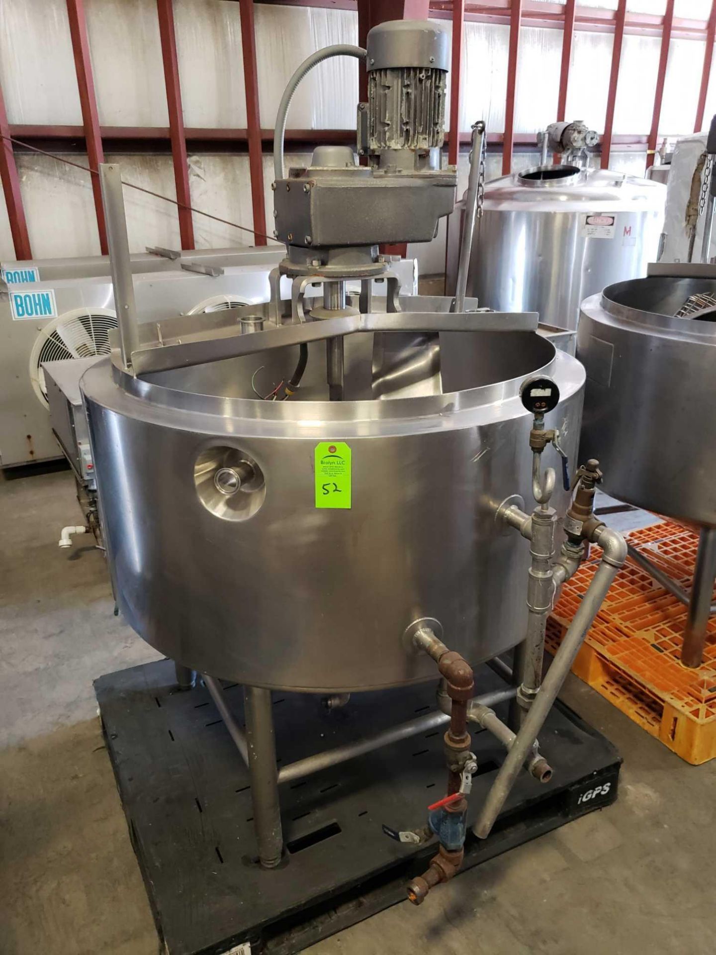 Stainless jacketed steam kettle with mixer and top as pictured. Approx dimensions 48" diameter x 32"